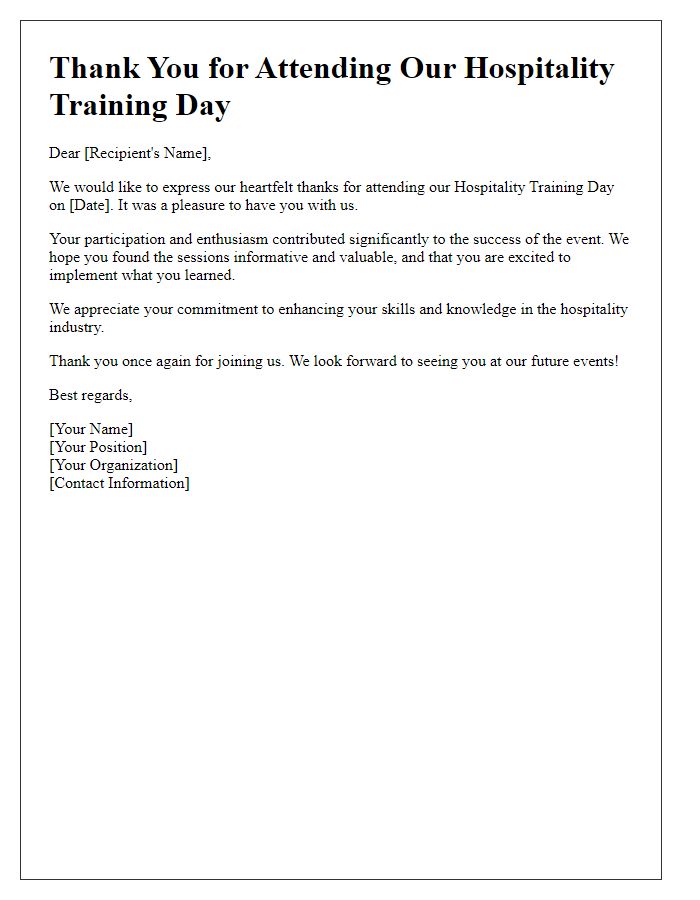 Letter template of thank you for attending hospitality training day