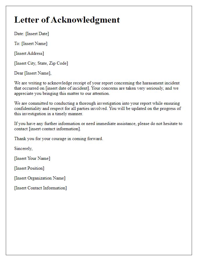 Letter template of acknowledgment request for harassment report