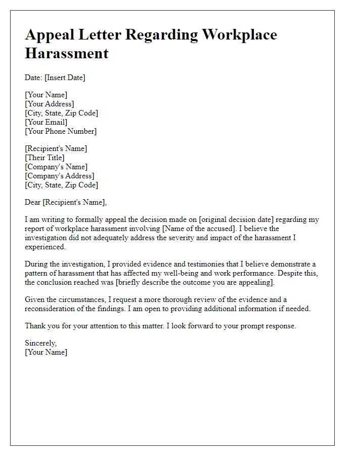 Letter template of appeal related to workplace harassment situation