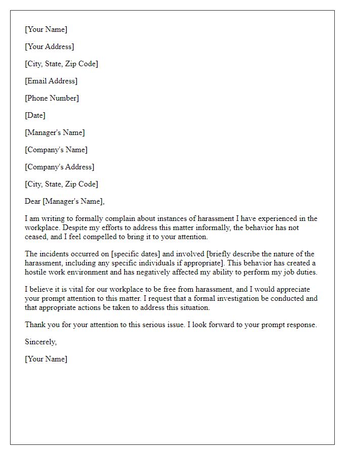 Letter template of complaint regarding harassment in the workplace