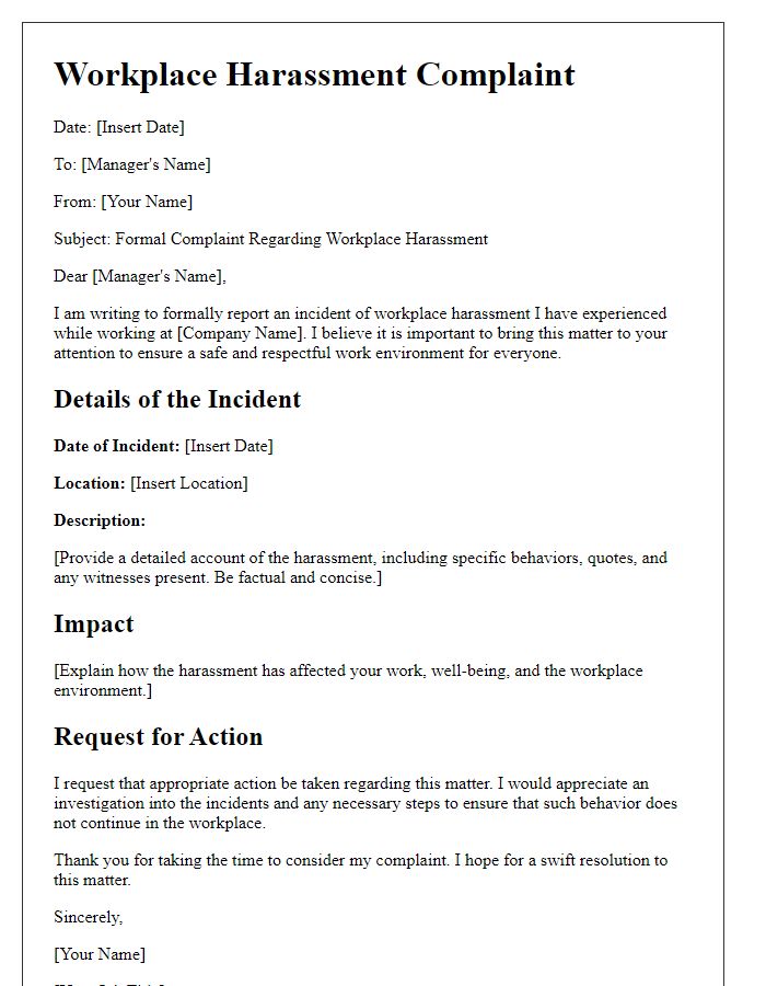 Letter template of detailed account of workplace harassment