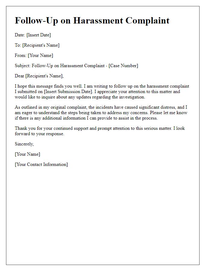 Letter template of follow-up regarding harassment complaint