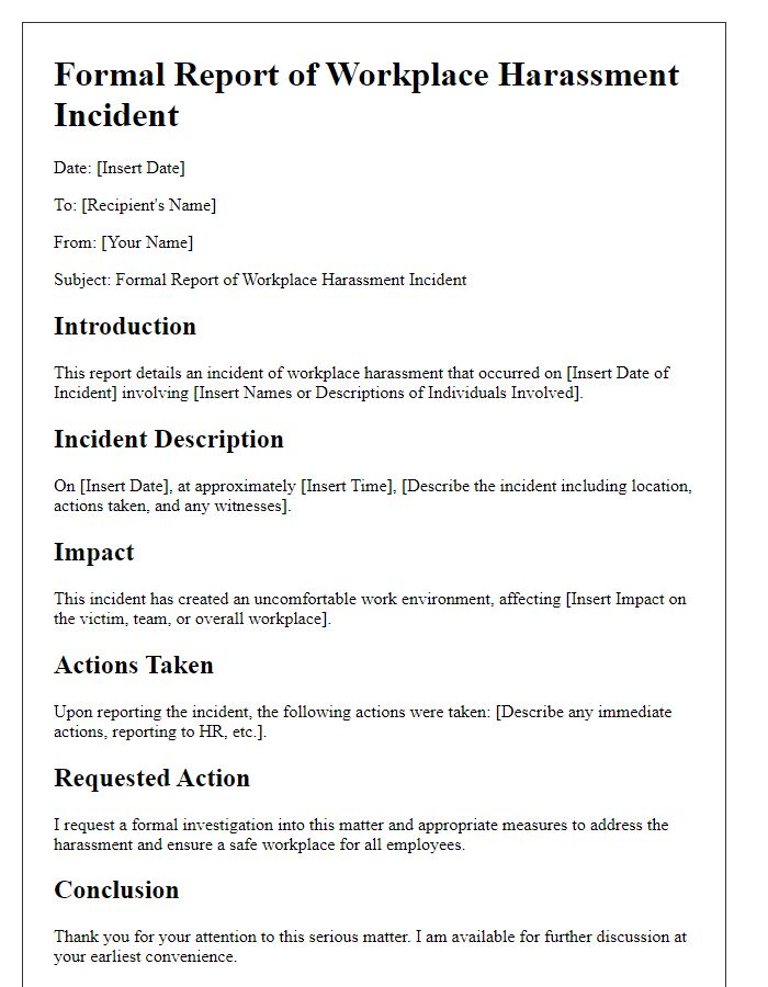 Letter template of formal report for workplace harassment incident