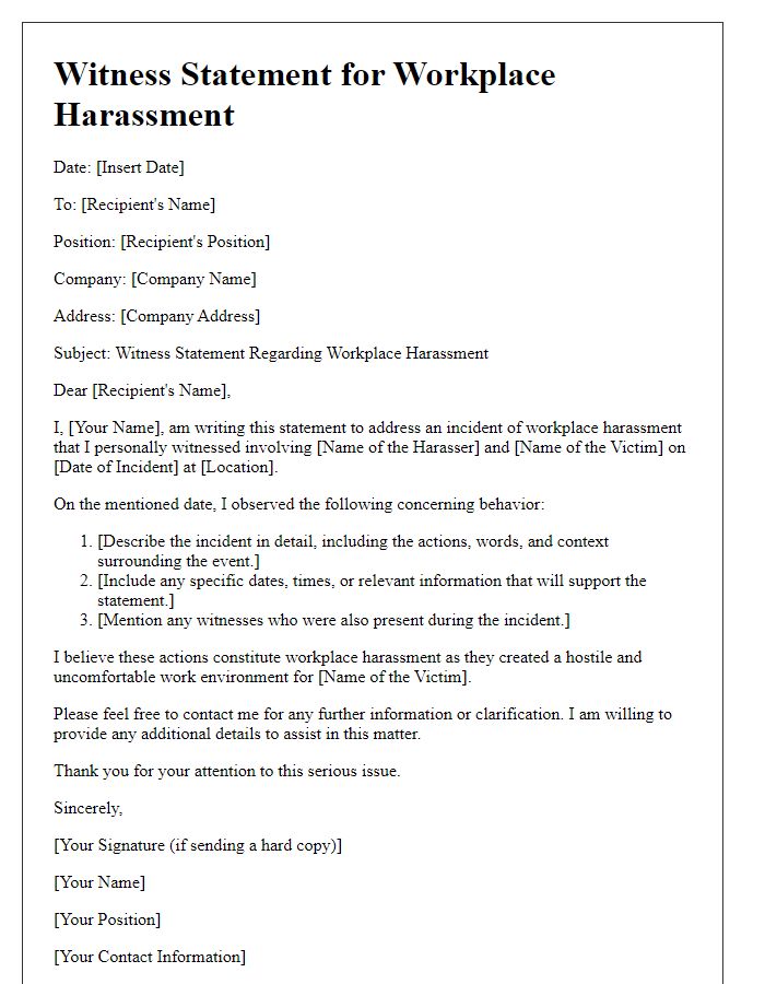 Letter template of witness statement for workplace harassment