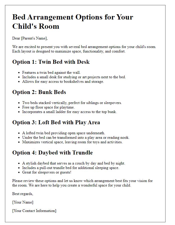 Letter template of bed arrangement options for a children's room.