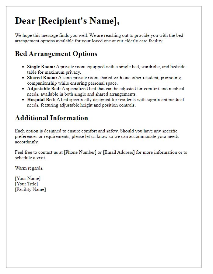 Letter template of bed arrangement options for an elderly care facility.