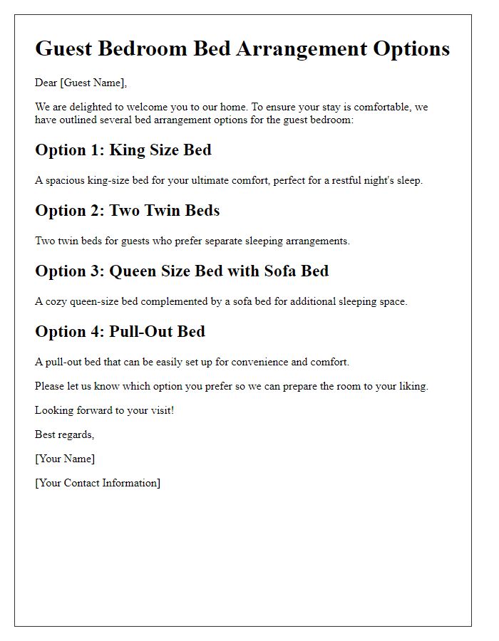 Letter template of bed arrangement options for a guest bedroom.