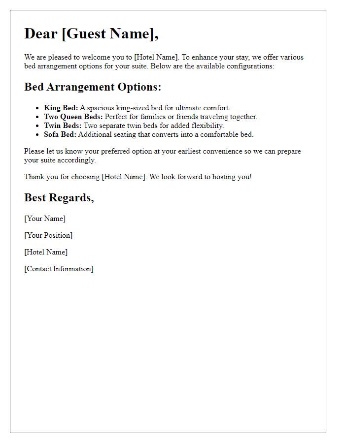 Letter template of bed arrangement options for a hotel suite.