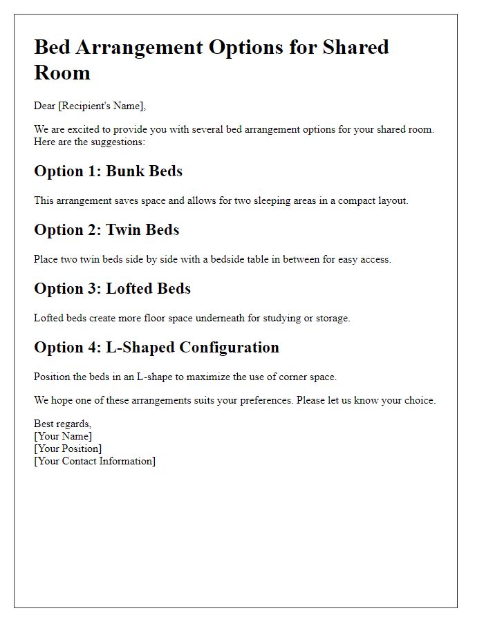 Letter template of bed arrangement options for a shared room.