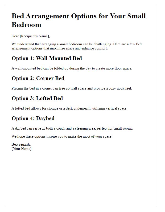 Letter template of bed arrangement options for a small bedroom.