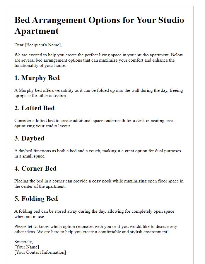 Letter template of bed arrangement options for a studio apartment.