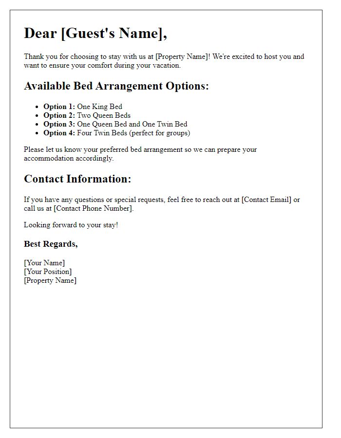 Letter template of bed arrangement options for a vacation rental.