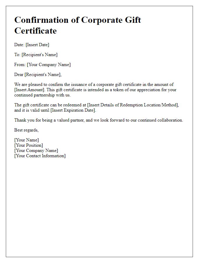 Letter template of confirming a corporate gift certificate