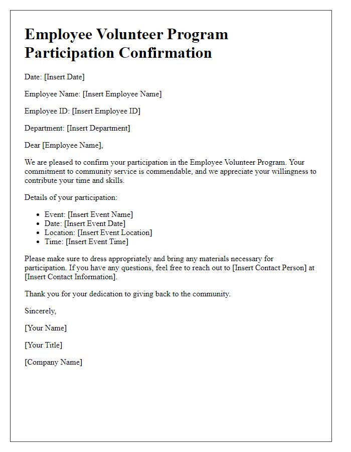 Letter template of confirmation for employee volunteer program participation