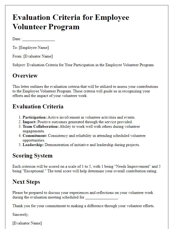 Letter template of evaluation criteria for employee volunteer program