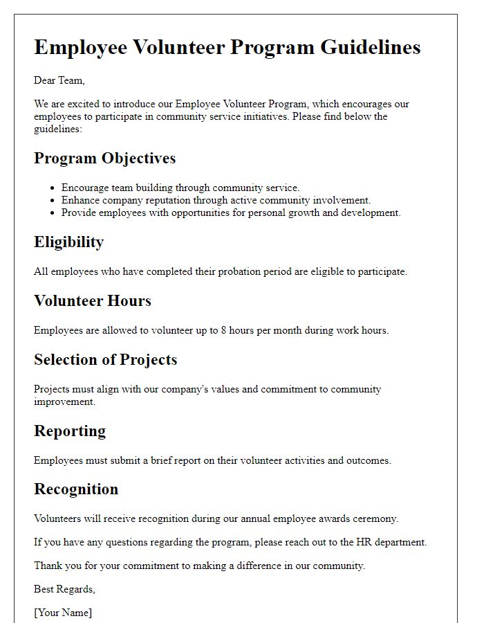 Letter template of guidelines for employee volunteer program