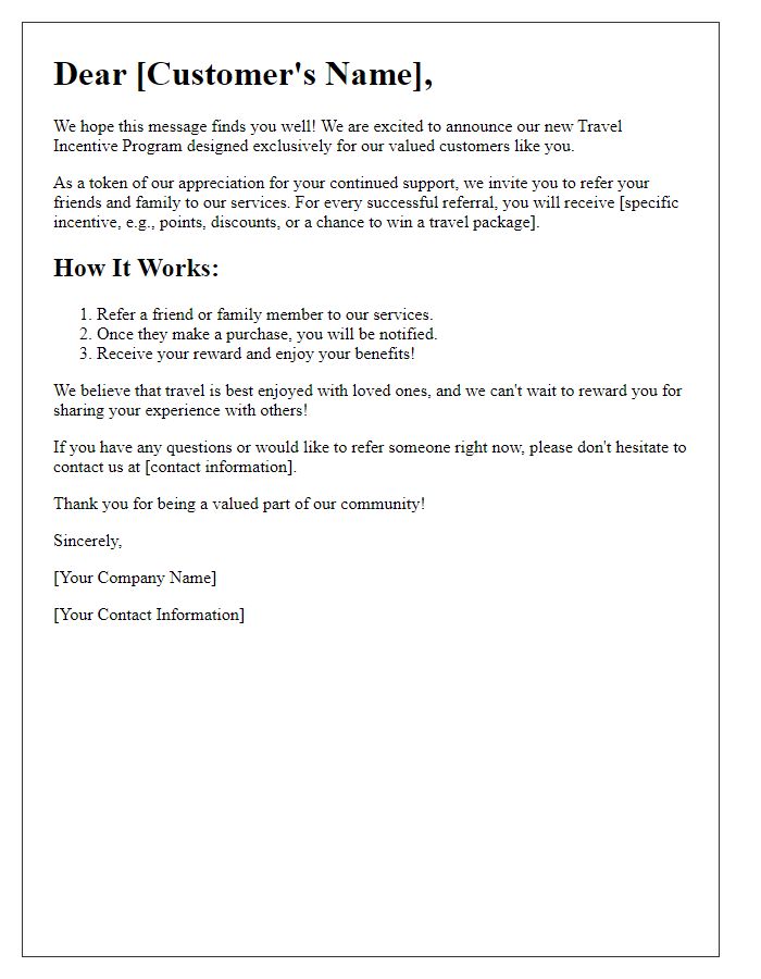 Letter template of travel incentive program for customer referrals.