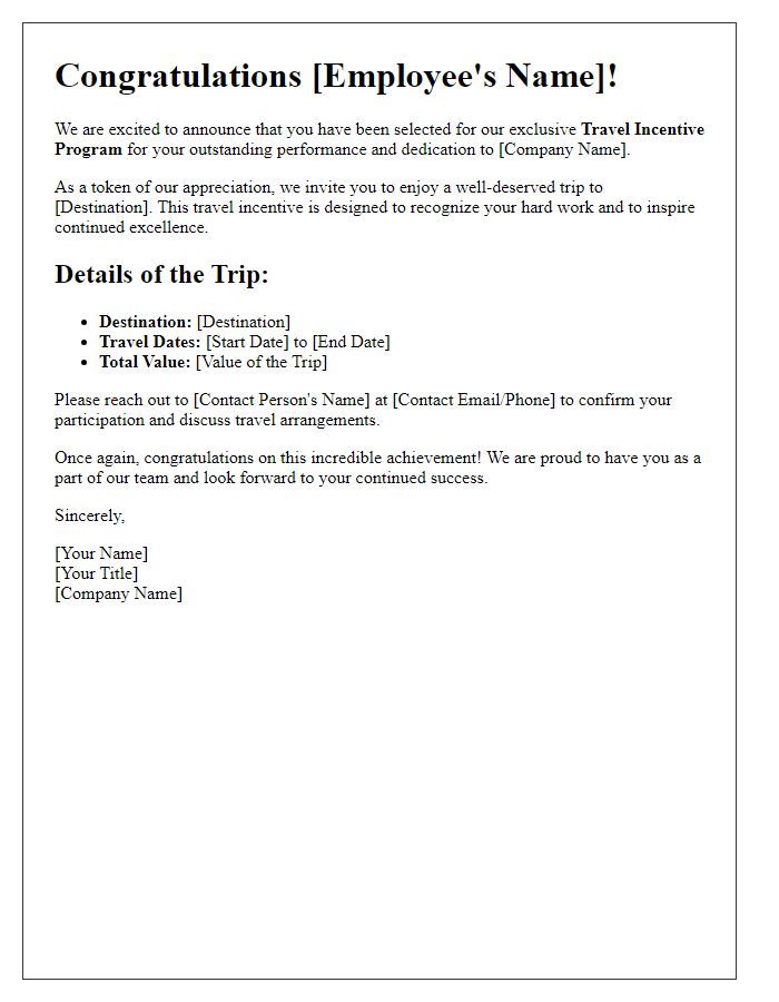 Letter template of travel incentive program for employee recognition.