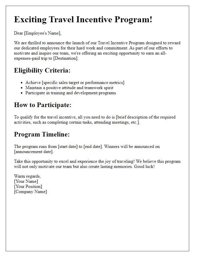 Letter template of travel incentive program for staff motivation.