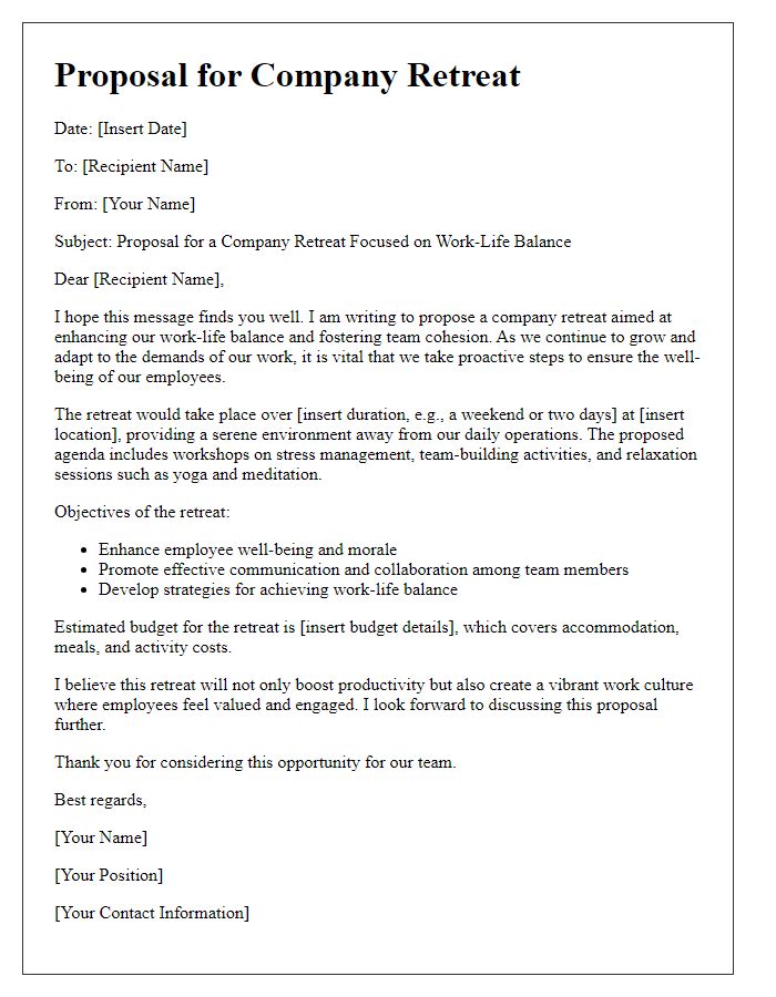 Letter template of company retreat proposal for achieving work-life balance.