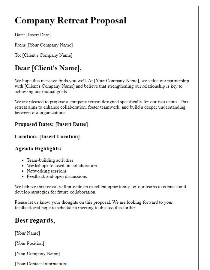 Letter template of company retreat proposal for client relationship strengthening.