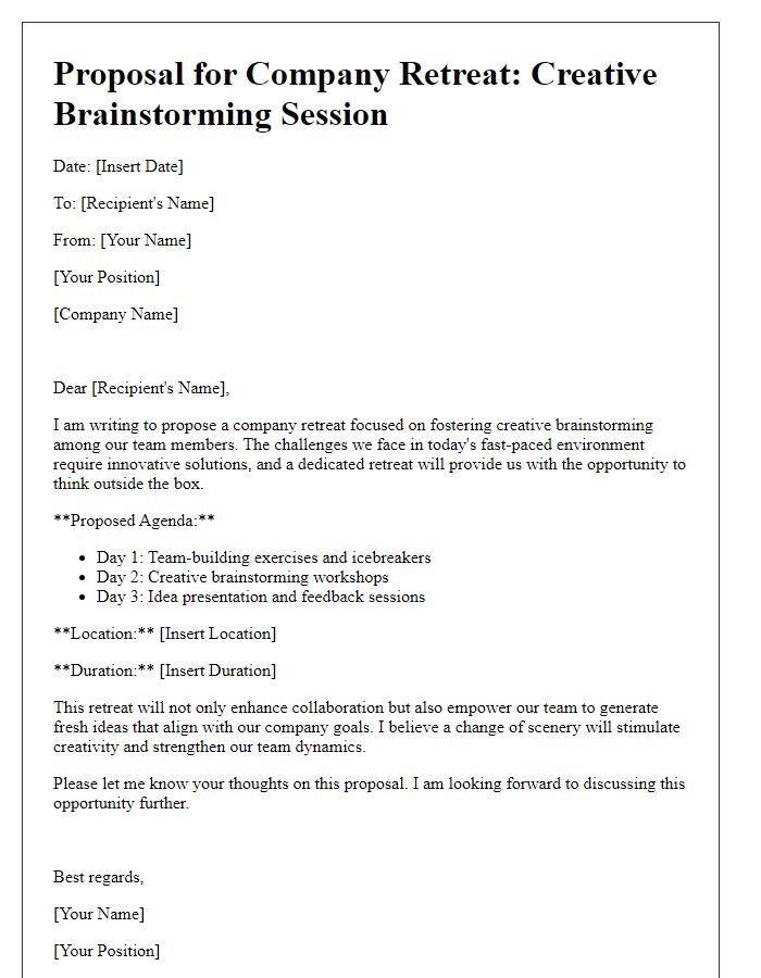 Letter template of company retreat proposal for creative brainstorming.