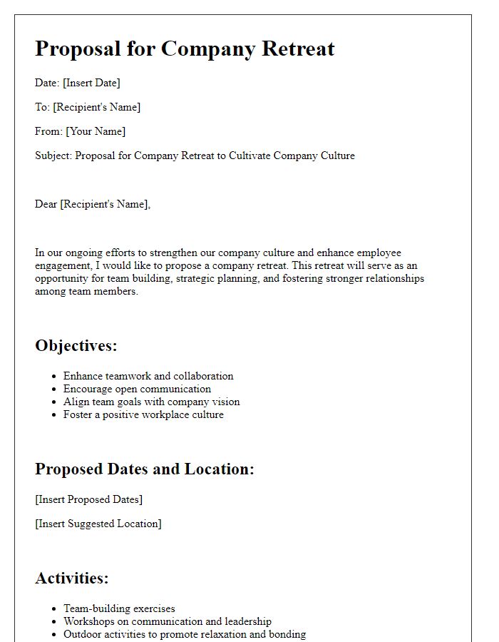 Letter template of company retreat proposal for cultivating company culture.