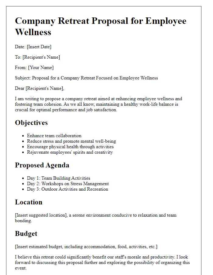 Letter template of company retreat proposal for employee wellness.