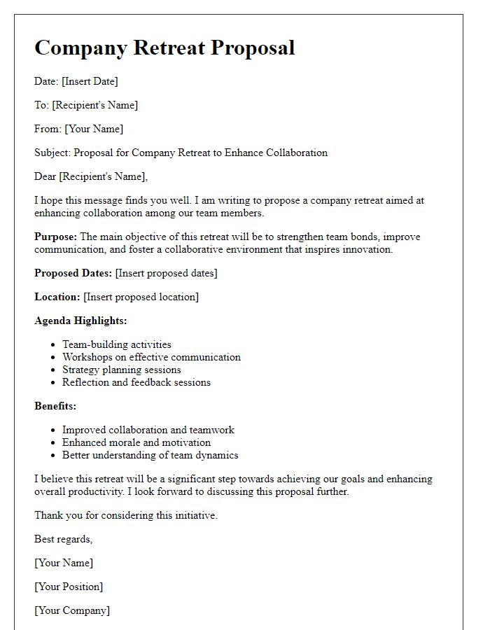 Letter template of company retreat proposal for enhancing collaboration.