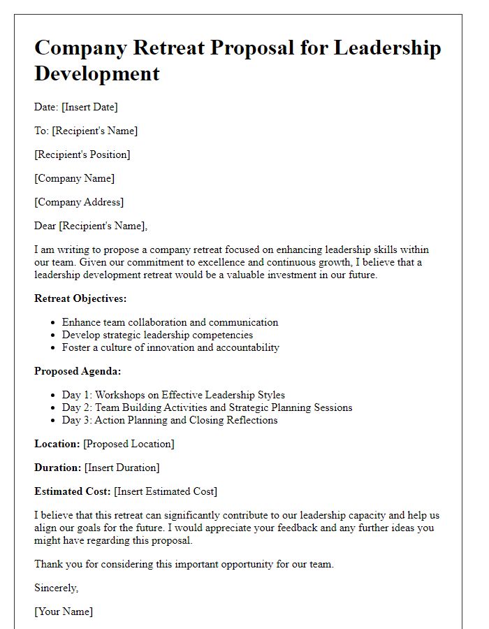 Letter template of company retreat proposal for leadership development.