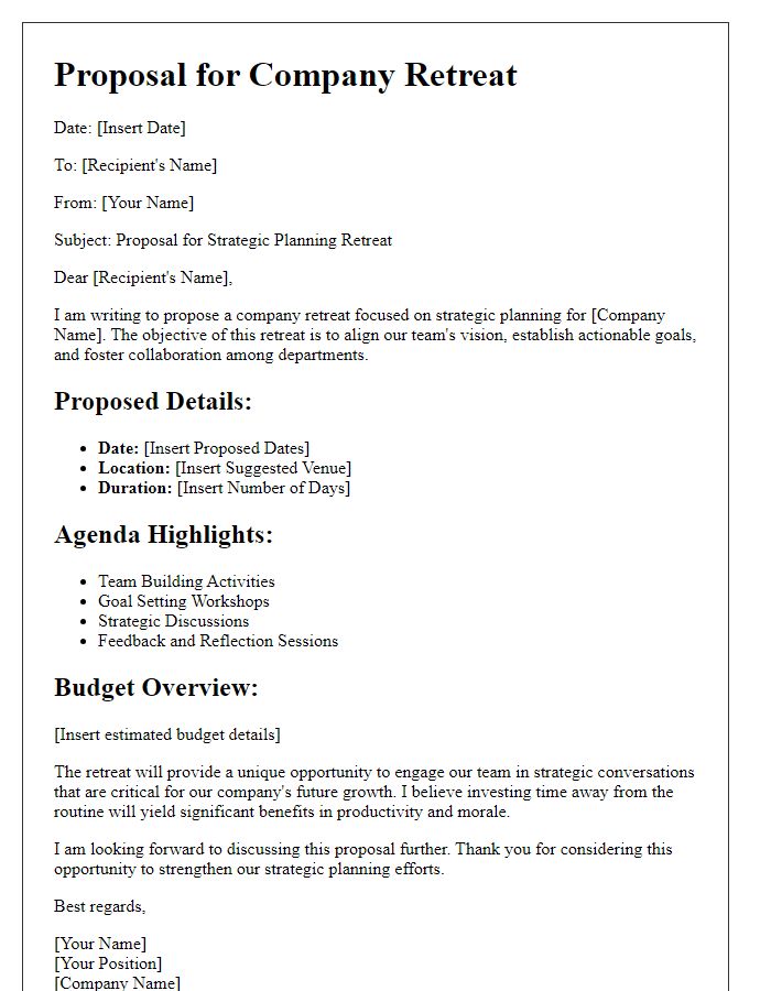 Letter template of company retreat proposal for strategic planning.