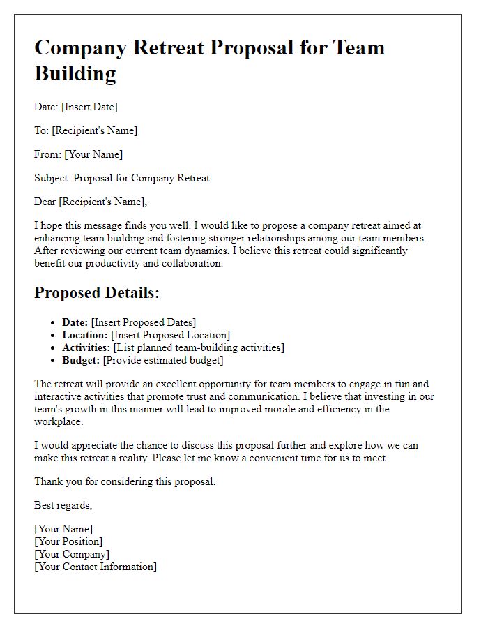 Letter template of company retreat proposal for team building.