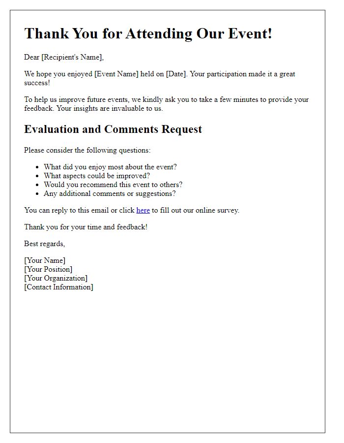 Letter template of post-event evaluation and comments request.