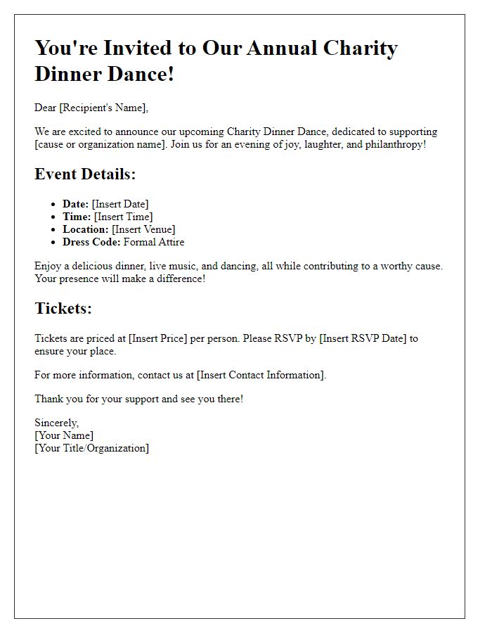 Letter template of charity dinner dance announcement