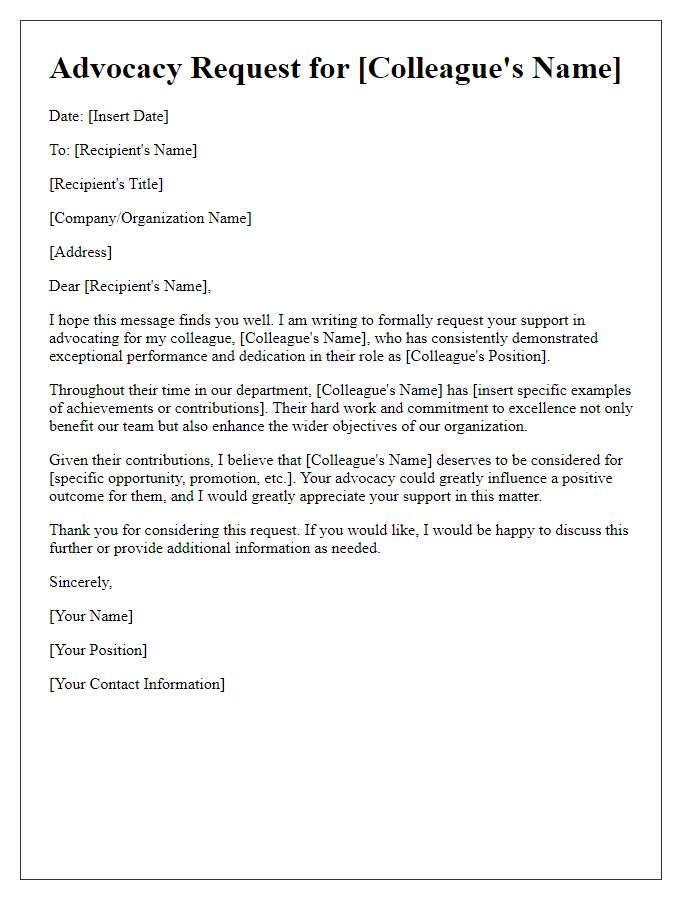 Letter template of advocacy request for a work colleague