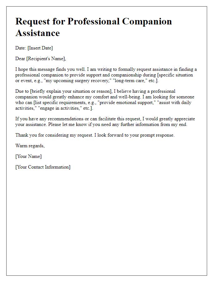 Letter template of assistance request for a professional companion