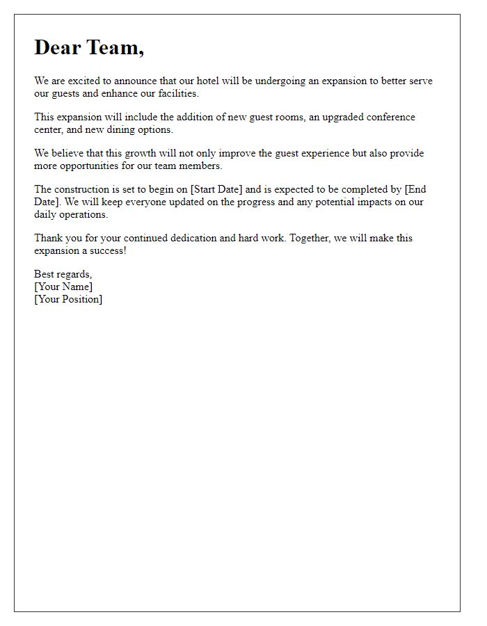 Letter template of hotel expansion announcement to employees