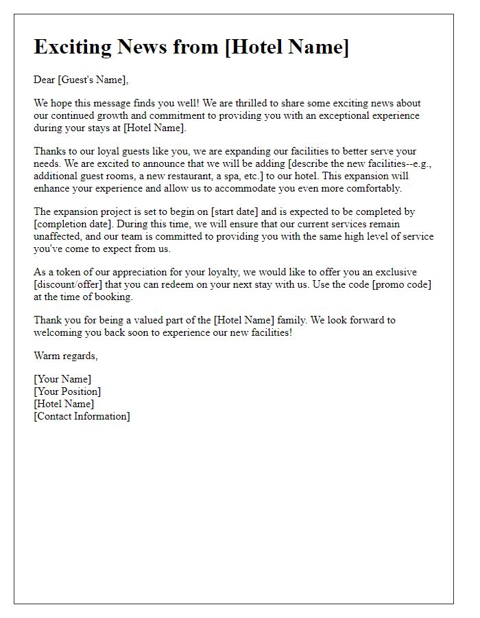 Letter template of hotel expansion announcement to former guests