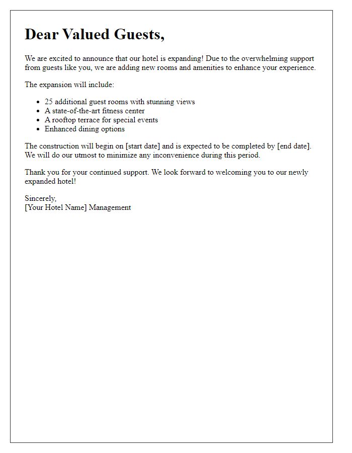 Letter template of hotel expansion announcement to guests