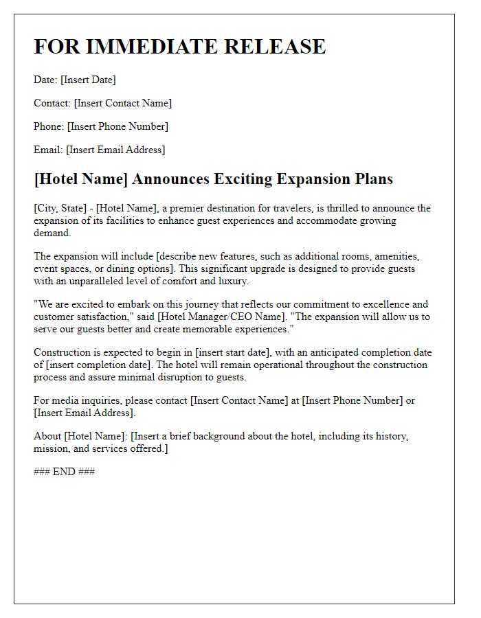 Letter template of hotel expansion announcement to the media