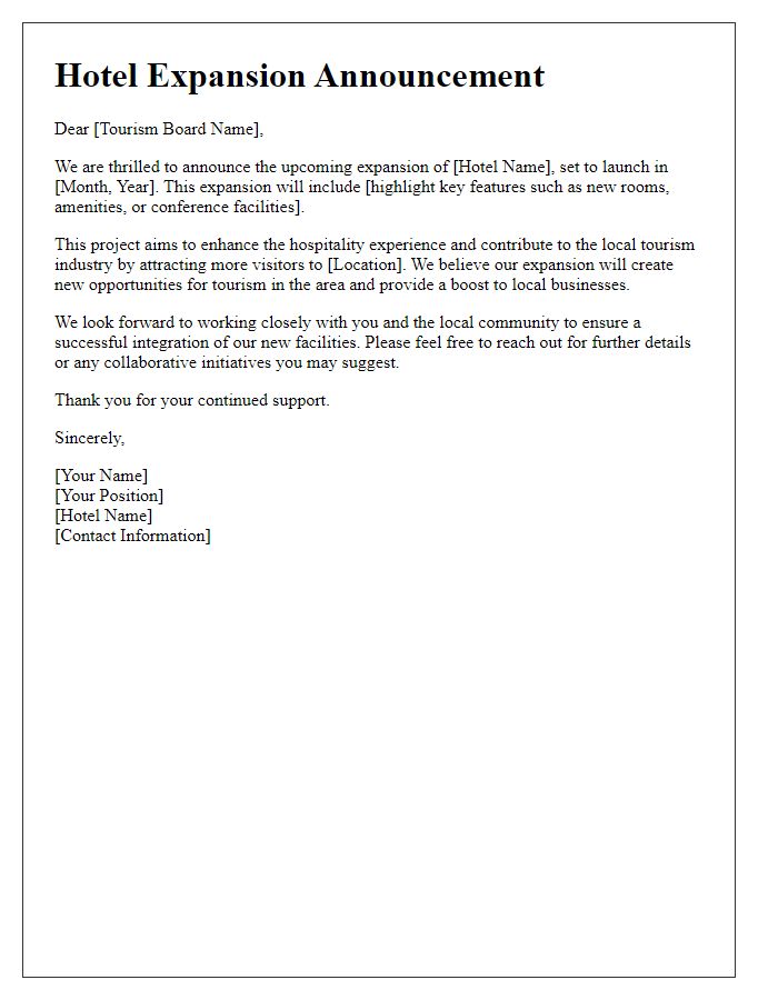 Letter template of hotel expansion announcement to tourism boards