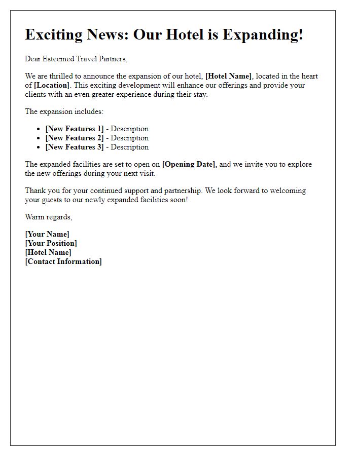 Letter template of hotel expansion announcement to travel agents