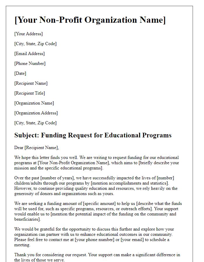 Letter template of non-profit funding request for educational programs