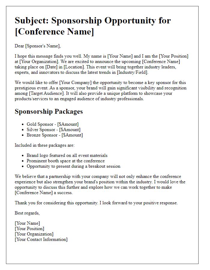 Letter template of sponsorship pitch for industry conferences