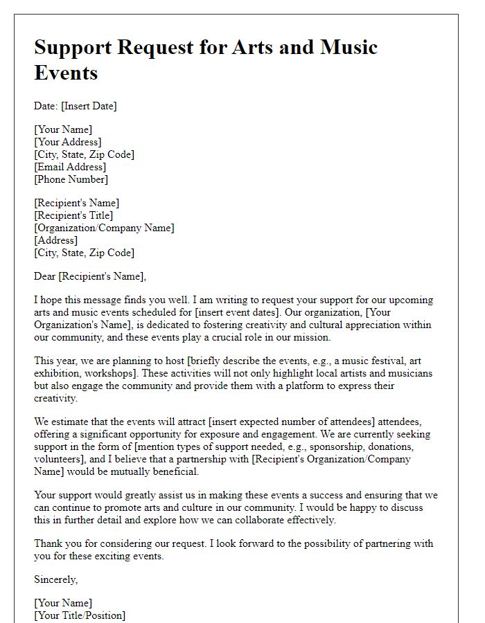 Letter template of support request for arts and music events