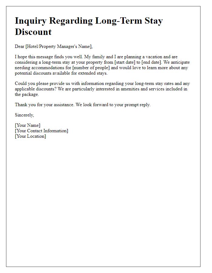 Letter template of inquiry about long-term stay discount for family vacation.