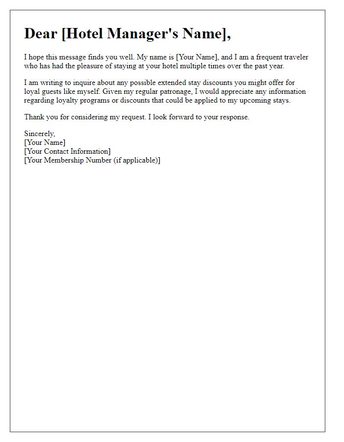 Letter template of inquiry for loyalty extended stay discount for frequent travelers.