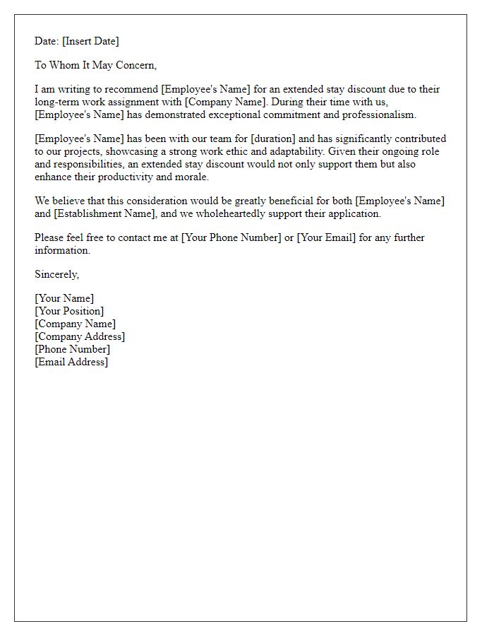 Letter template of recommendation for extended stay discount for long-term work assignment.