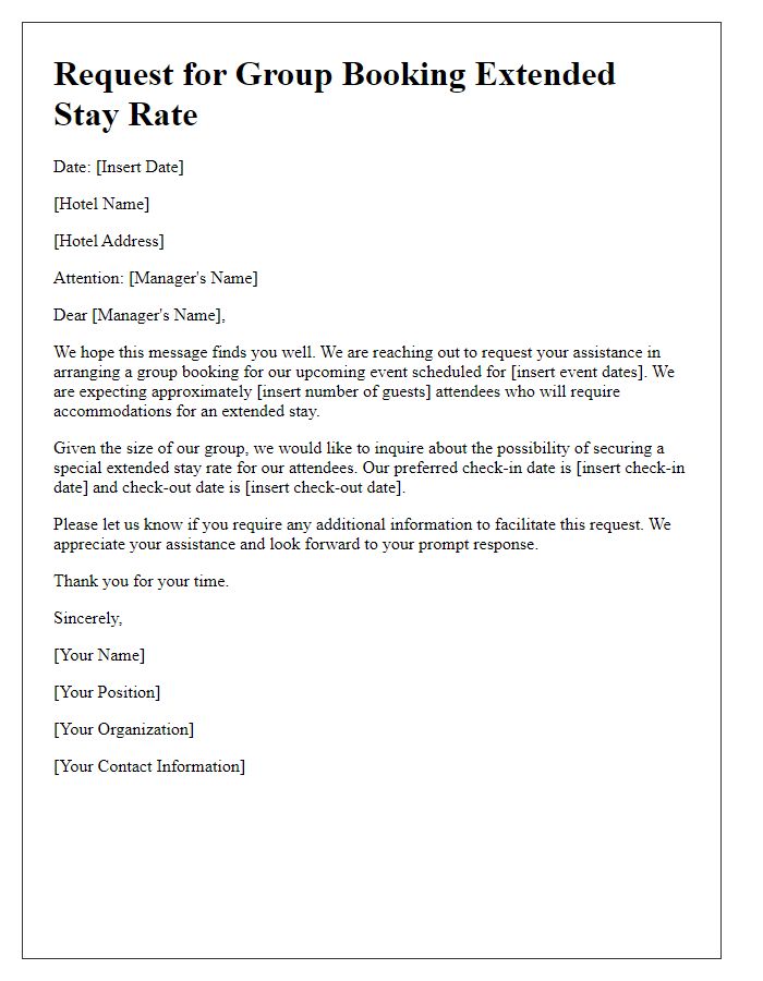 Letter template of request for group booking extended stay rate.