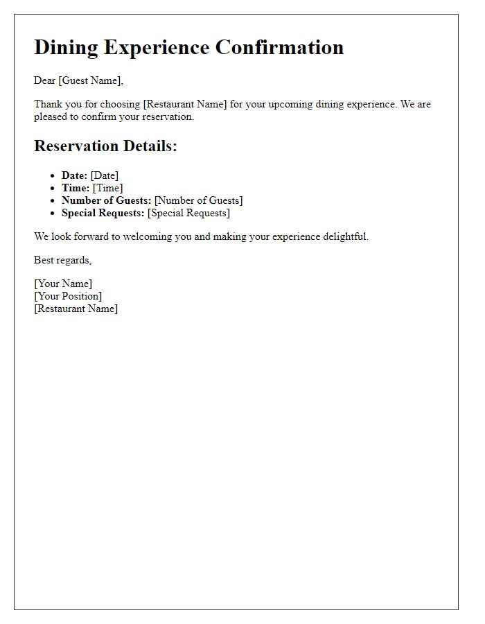 Letter template of dining experience confirmation